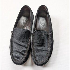 Tods Loafer Mens Size 8.5 Black Calf? Hair Vibram Driving Slip On